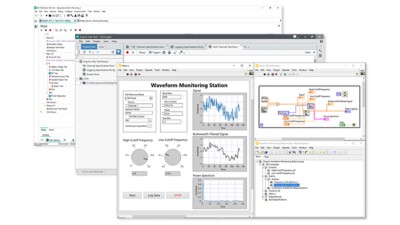 La face-avant, le diagramme et la fenêtre de projet de la suite LabVIEW+ avec le code sont affichés sur l’écran d’un ordinateur de bureau.